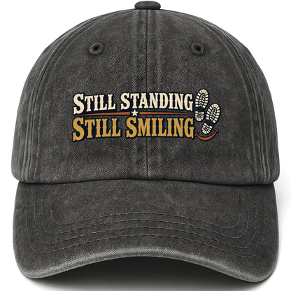 Black vintage washed cap with Still Standing Still Smiling printed front design