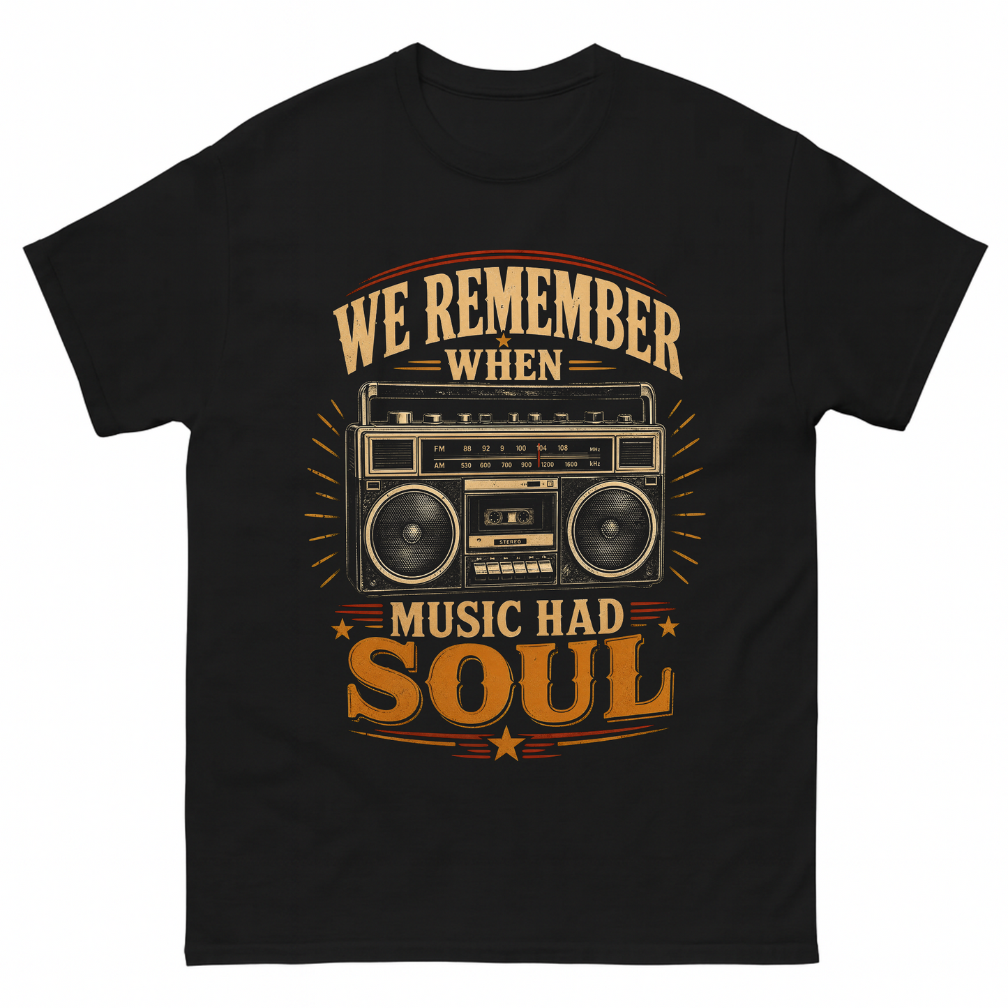Black vintage t-shirt with We remember music soul tee printed front design