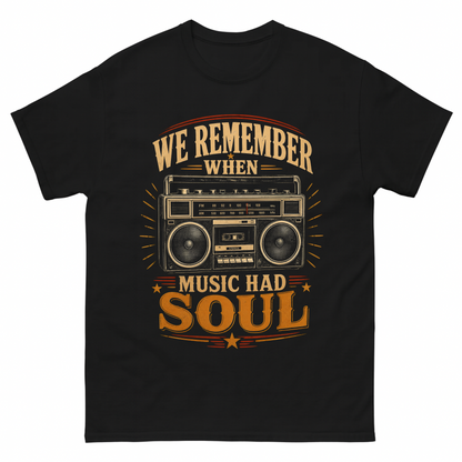 Black vintage t-shirt with We remember music soul tee printed front design