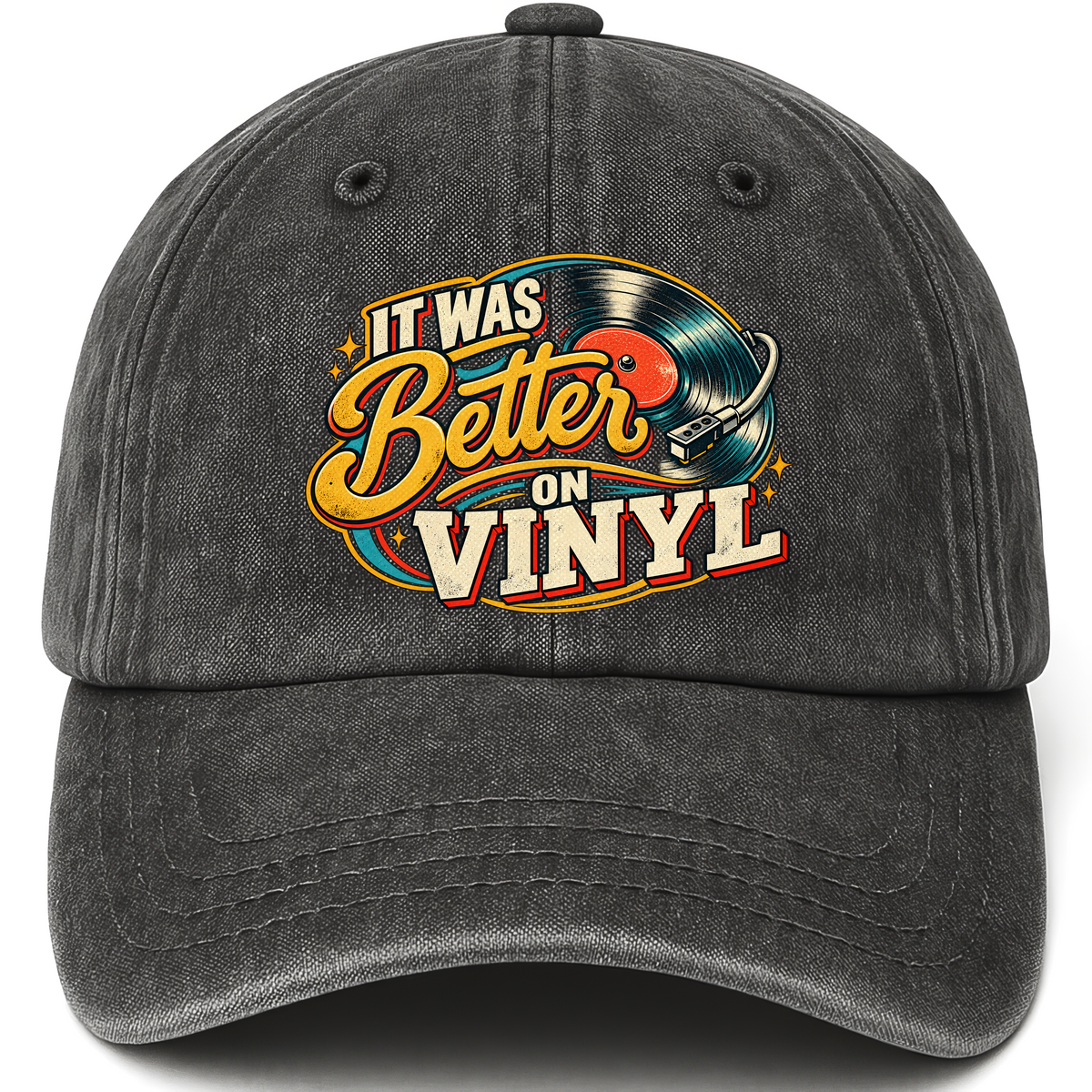Black vintage washed cap with It Was Better On Vinyl printed front design