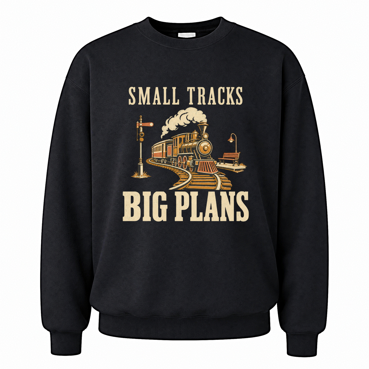 Black vintage sweatshirt with Small Tracks Big Plans printed front design