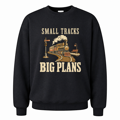 Black vintage sweatshirt with Small Tracks Big Plans printed front design