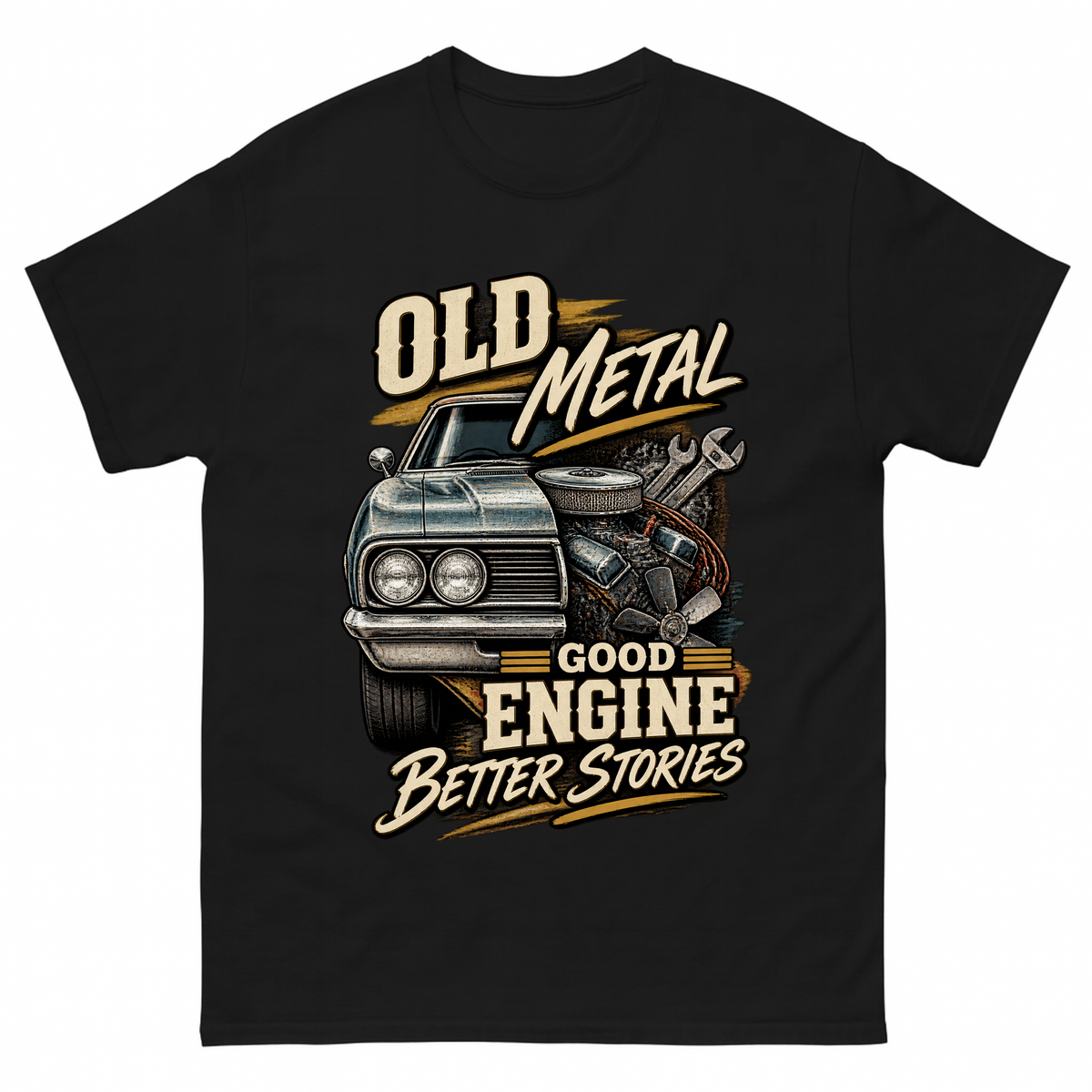 Black vintage t-shirt with Old Metal Good Engine Better Stories printed front design