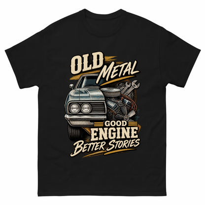 Black vintage t-shirt with Old Metal Good Engine Better Stories printed front design