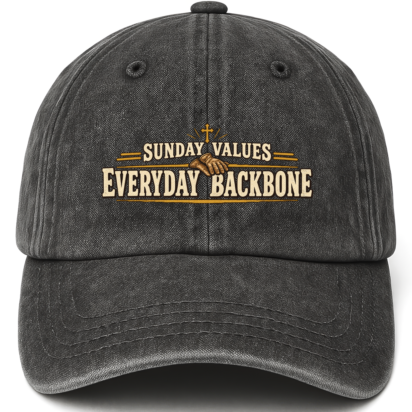 Black vintage washed cap with Sunday Values Everyday Backbone printed front design