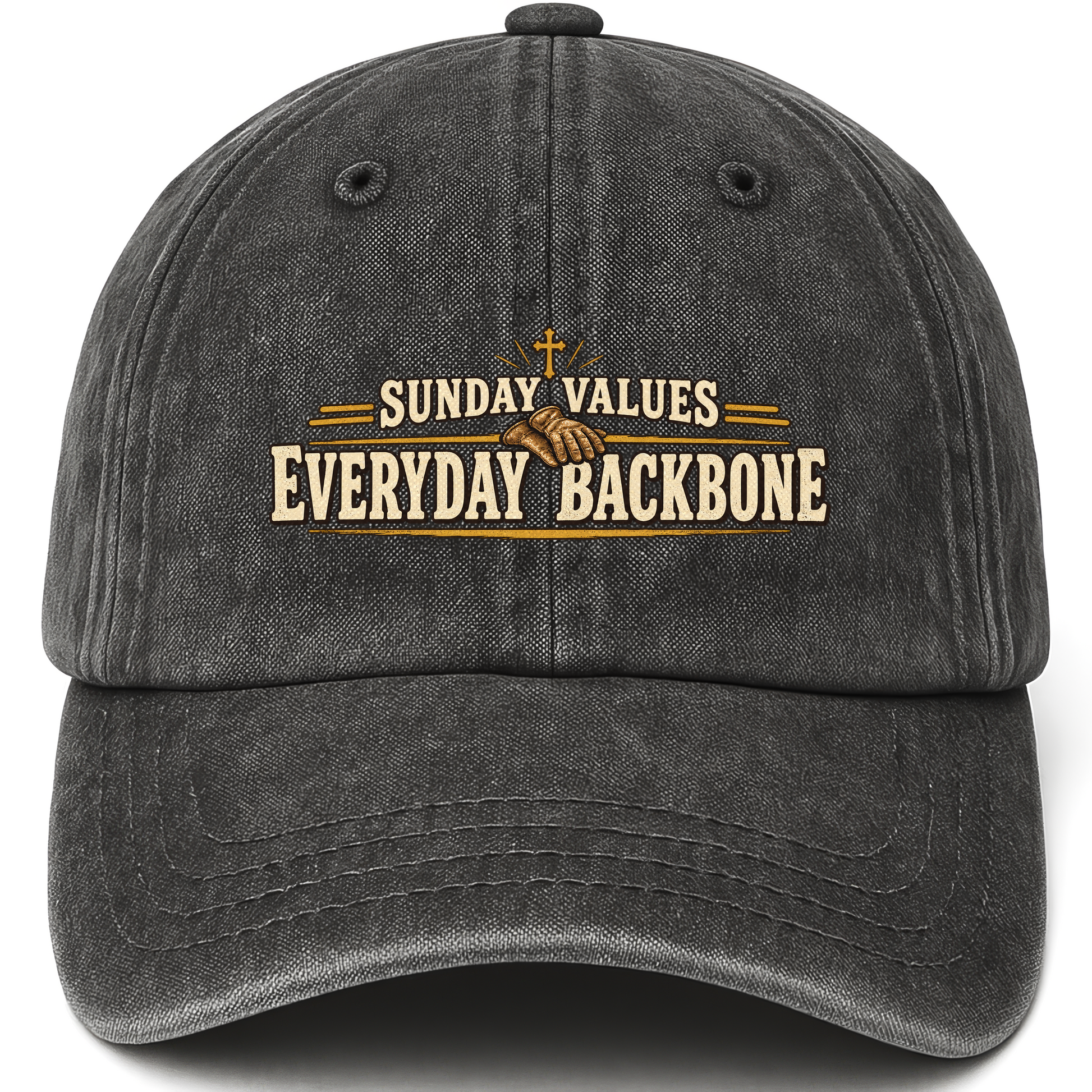 Black vintage washed cap with Sunday Values Everyday Backbone printed front design