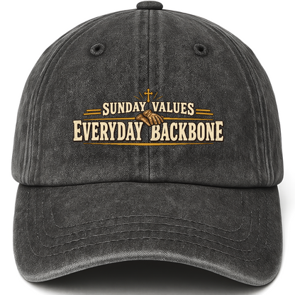 Black vintage washed cap with Sunday Values Everyday Backbone printed front design