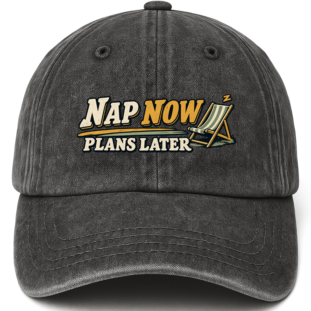 Black vintage washed cap with Nap Now Plans Later printed front design