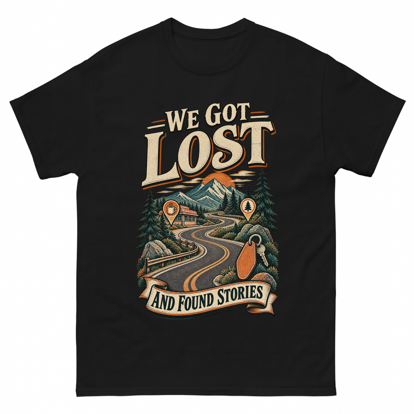 Black vintage t-shirt with We Got Lost And Found Stories printed front design