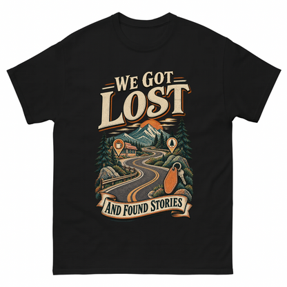 Black vintage t-shirt with We Got Lost And Found Stories printed front design