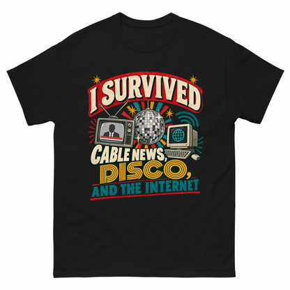 Black vintage t-shirt with I Survived Cable News, Disco, And The Internet printed front design