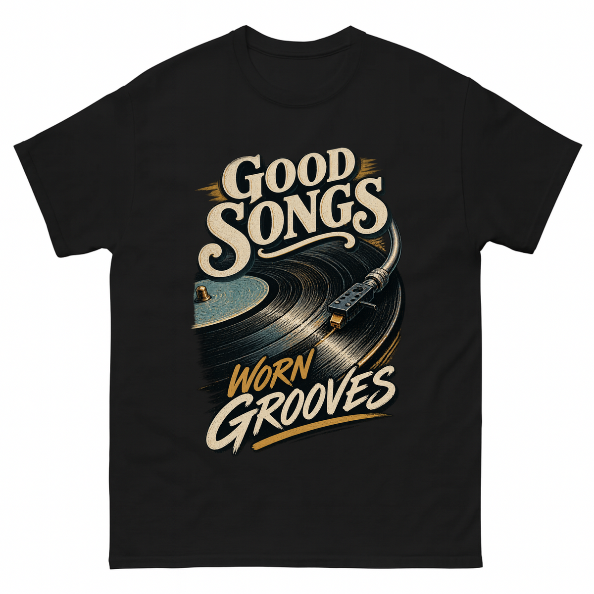 Black vintage t-shirt with Good Songs Worn Grooves printed front design