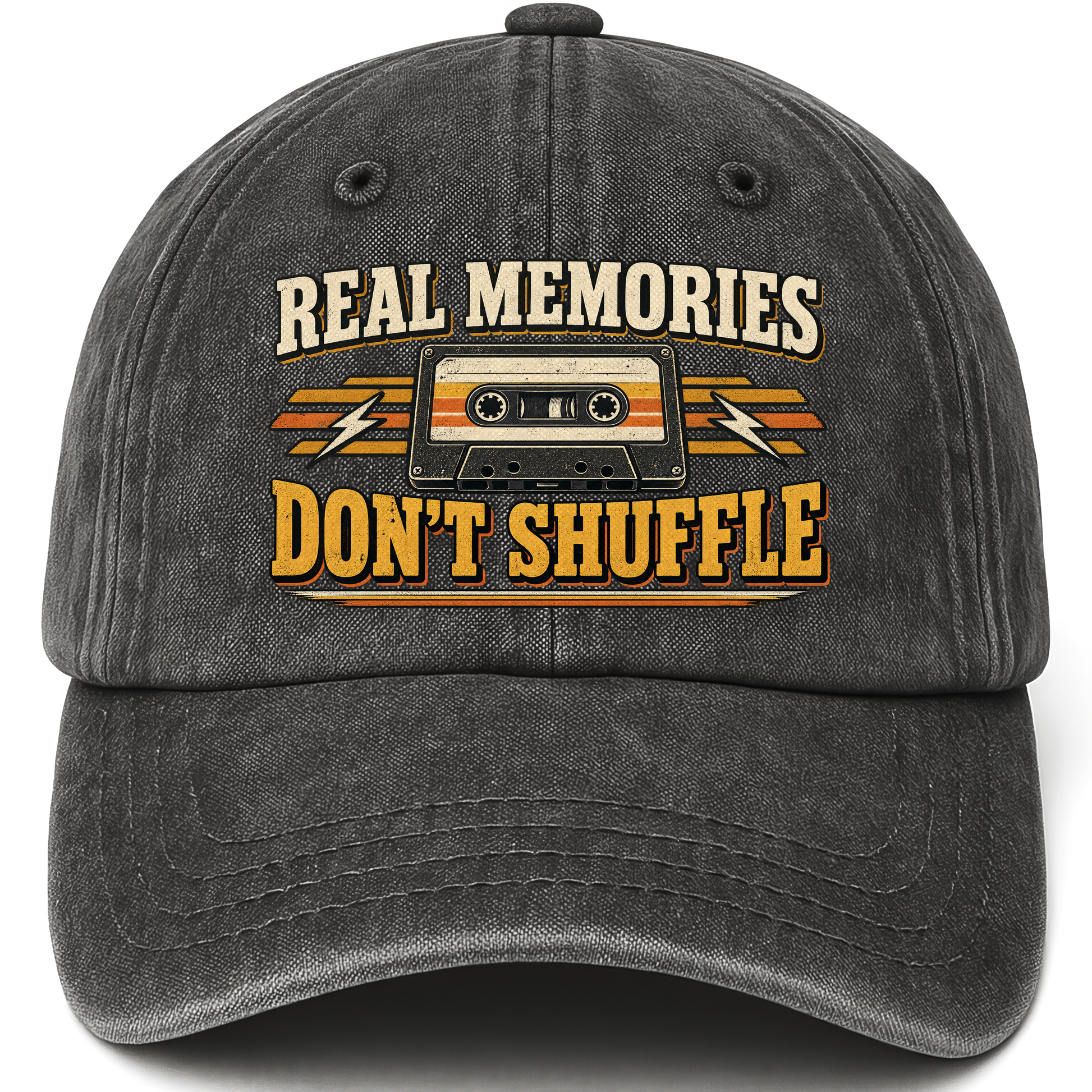 Black vintage washed cap with Real Memories Don’t Shuffle printed front design