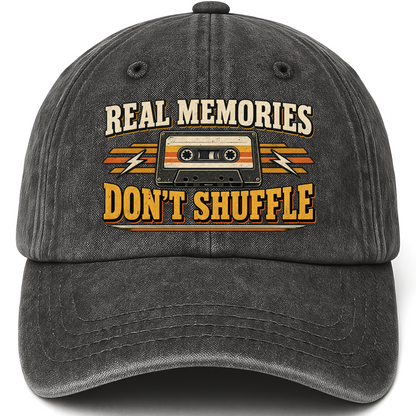 Black vintage washed cap with Real Memories Don’t Shuffle printed front design