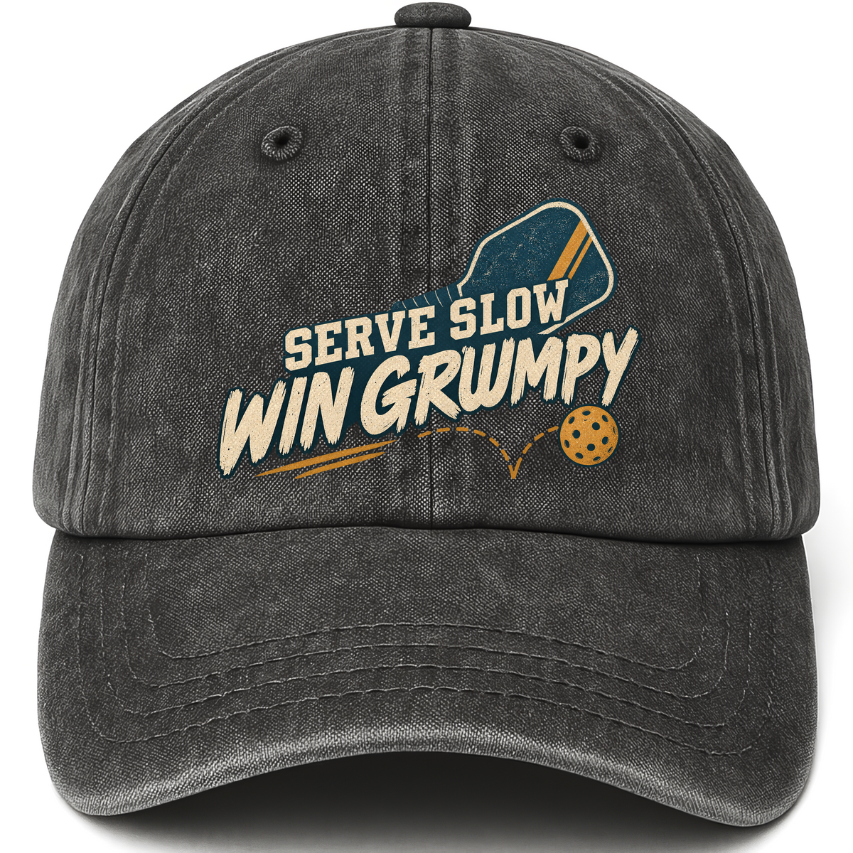 Black vintage washed cap with Serve Slow Win Grumpy printed front design