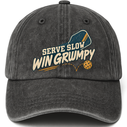 Black vintage washed cap with Serve Slow Win Grumpy printed front design
