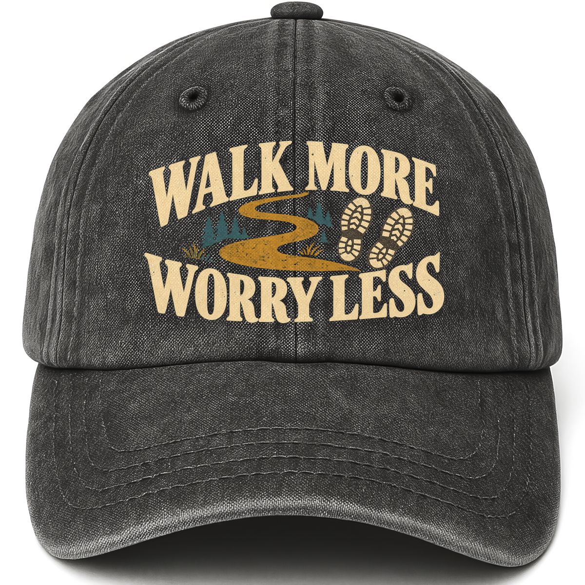 Black vintage washed cap with Walk More. Worry Less printed front design
