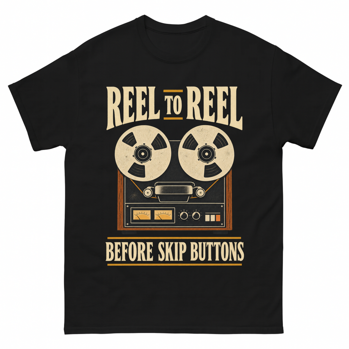 Black vintage t-shirt with Reel To Reel Before Skip Buttons printed front design