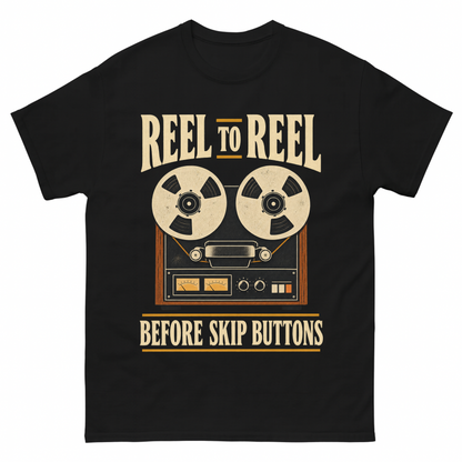 Black vintage t-shirt with Reel To Reel Before Skip Buttons printed front design