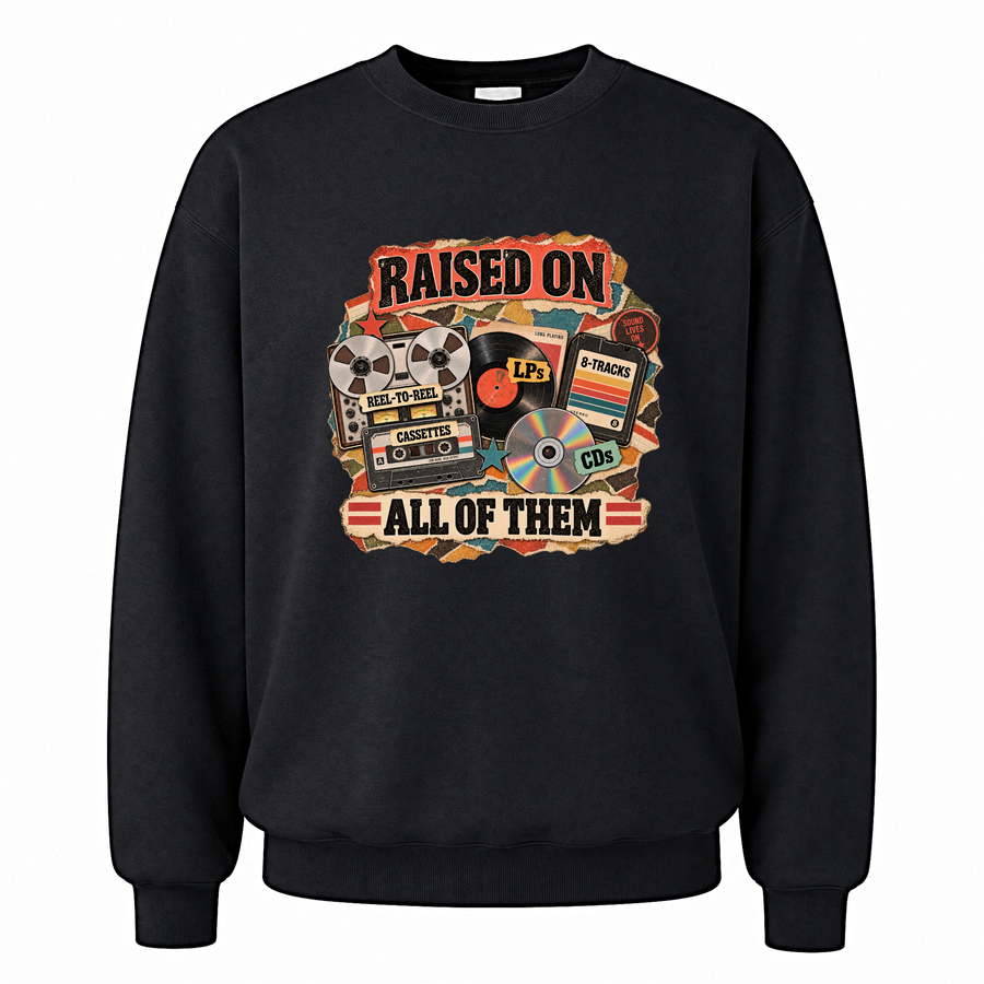 Black vintage sweatshirt with Raised On All Of Them printed front design