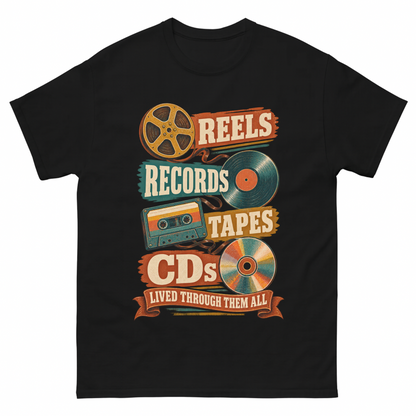 Black vintage t-shirt with Reels Records Tapes Cds Lived Through Them All printed front design
