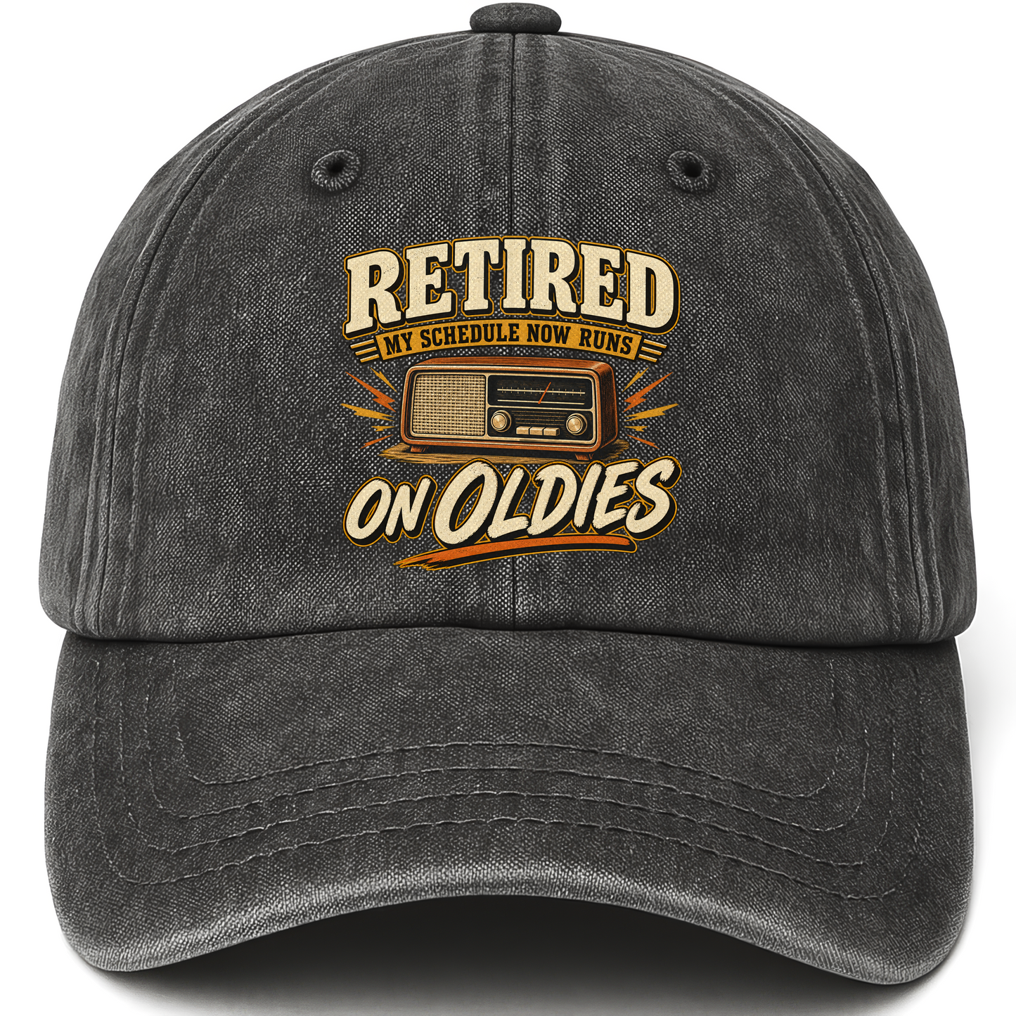 Black vintage washed cap with 39 schedule runs on oldies ideogram 4x TRIM pad80 printed front design