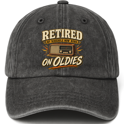 Black vintage washed cap with 39 schedule runs on oldies ideogram 4x TRIM pad80 printed front design