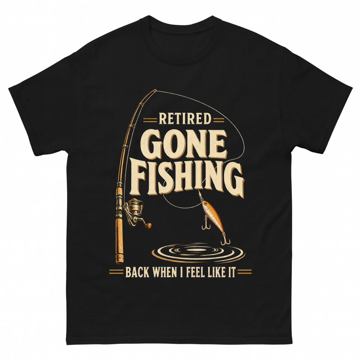 Black vintage t-shirt with Retired Gone Fishing Back When I Feel Like It printed front design
