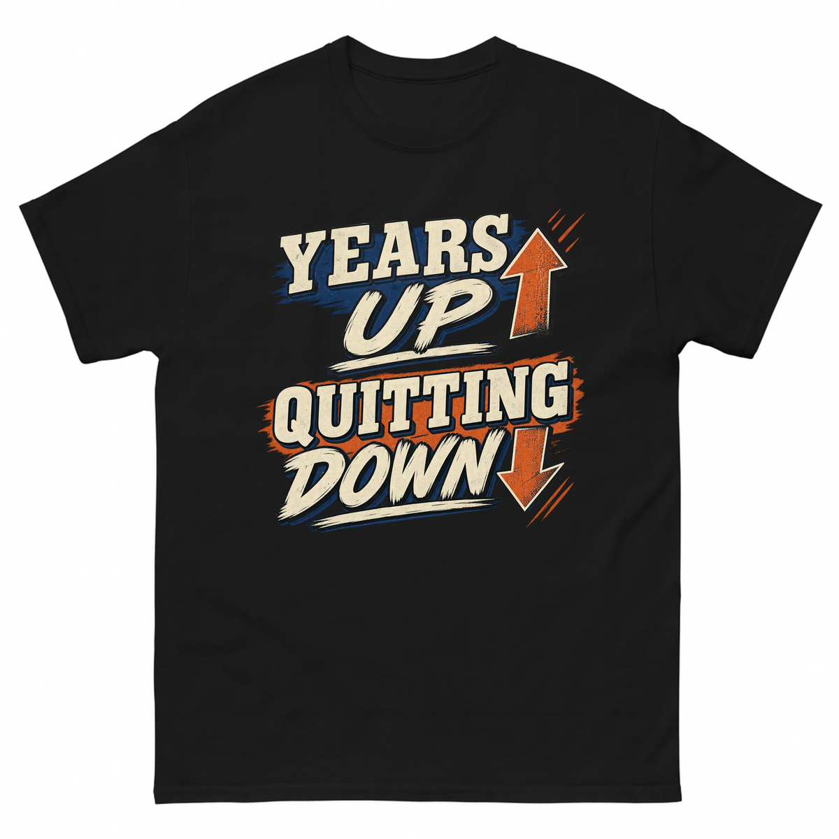 Black vintage t-shirt with Years Up. Quitting Down printed front design