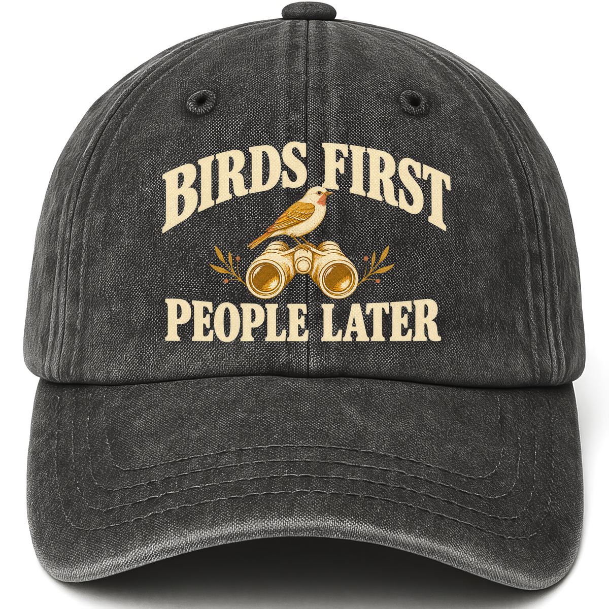 Black vintage washed cap with Birds First. People Later printed front design