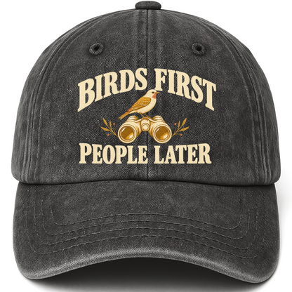 Black vintage washed cap with Birds First. People Later printed front design