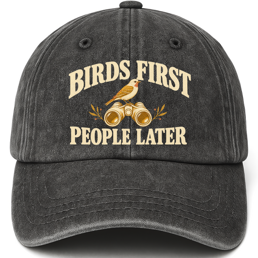 Black vintage washed cap with Birds First. People Later printed front design