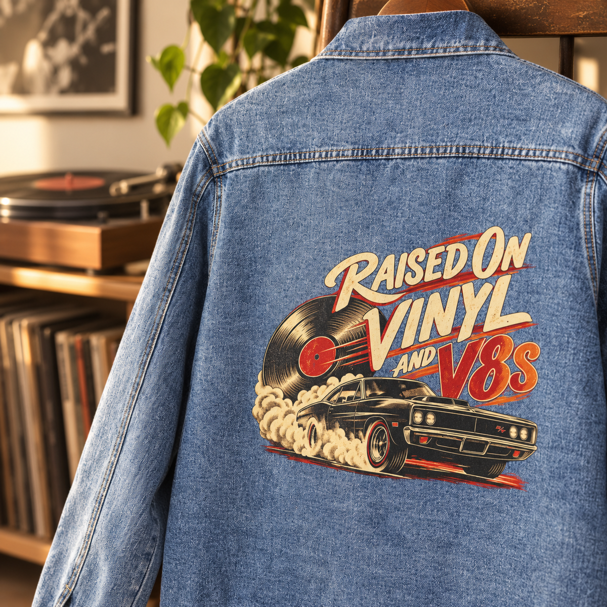 Close-up of Raised on Vinyl and V8s vinyl record and muscle car print on denim jacket back
