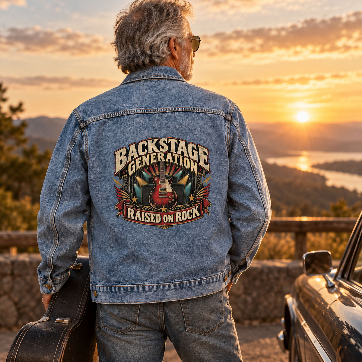 Senior man in blue vintage denim jacket with Backstage Generation Raised On Rock guitar print