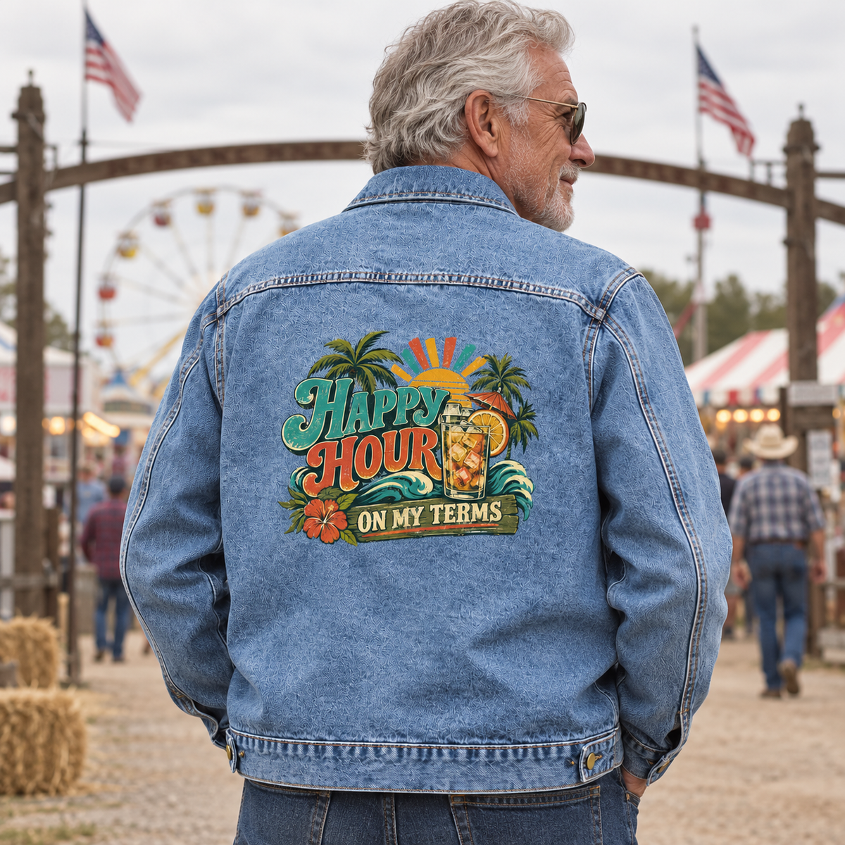 Senior man in blue vintage denim jacket, Happy Hour On My Terms printed on back