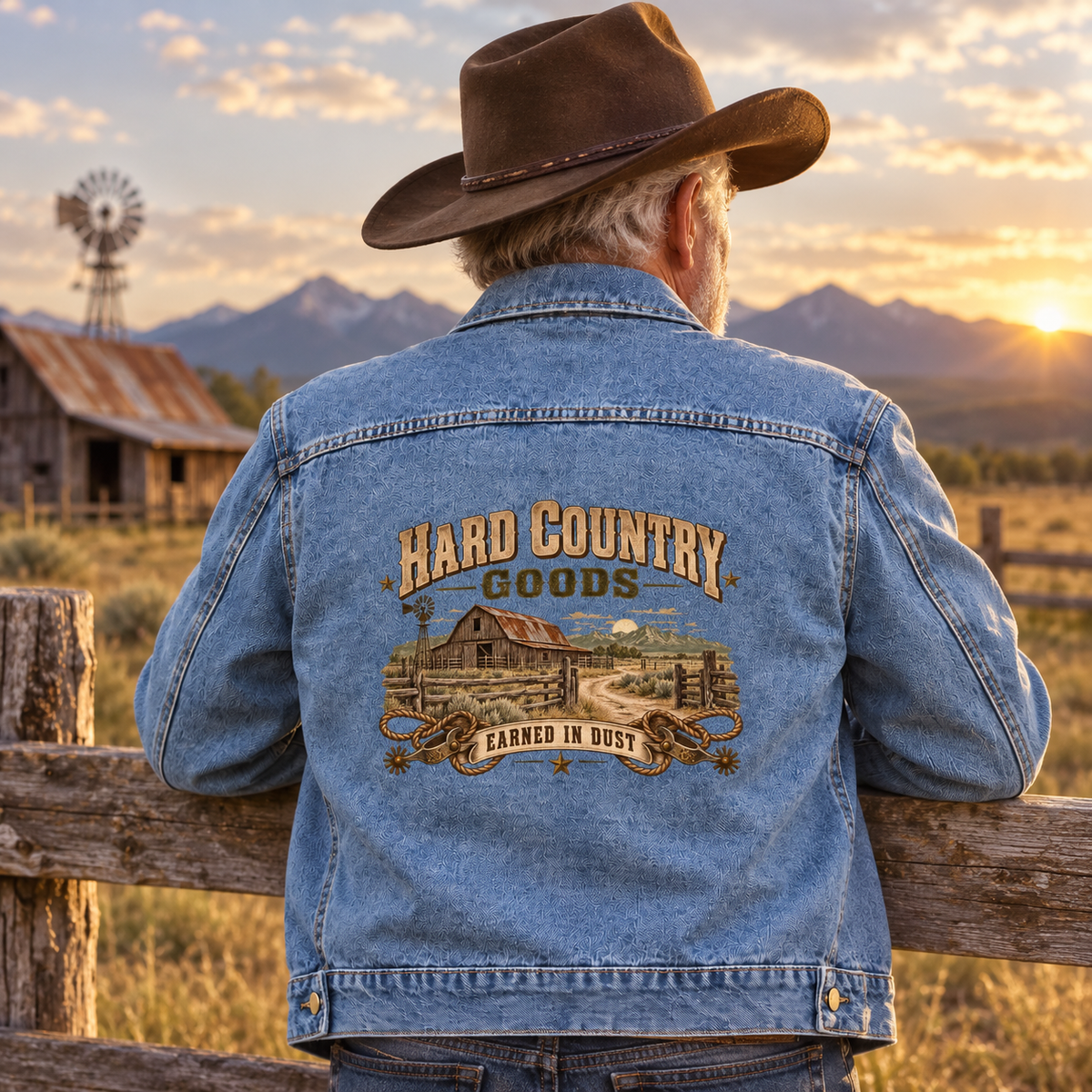Senior man in blue vintage denim jacket with printed ranch design, seen from behind