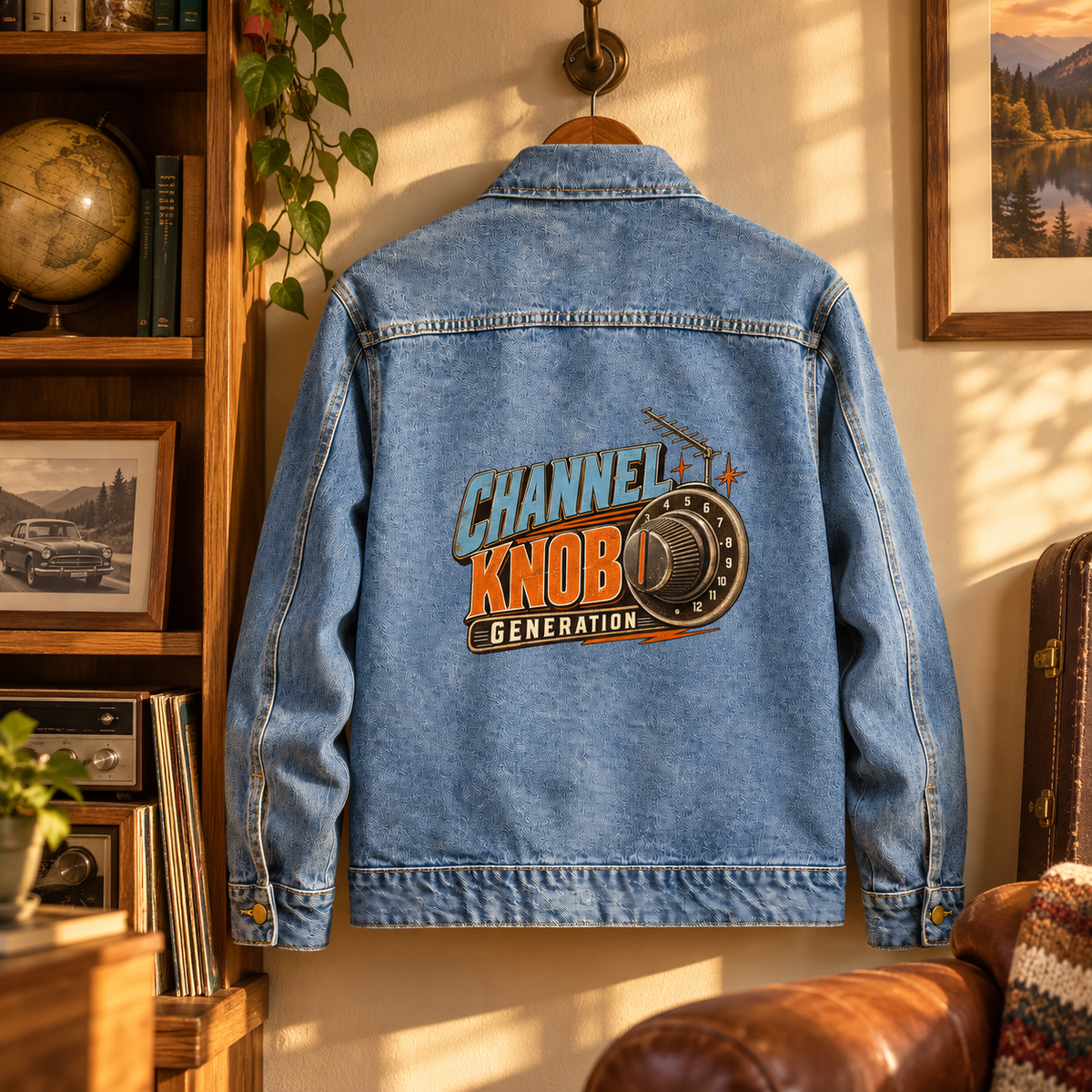 Blue vintage denim jacket hanging indoors, back view with printed Channel Knob Generation dial.