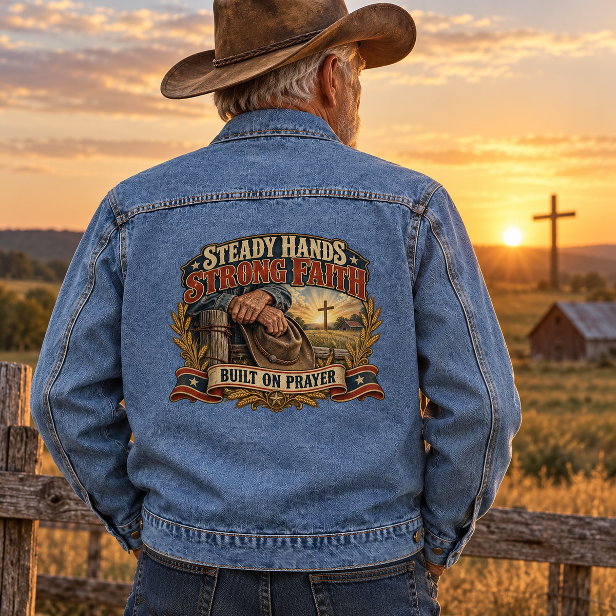 Senior in blue vintage denim jacket with Steady Hands Strong Faith Built On Prayer printed on back
