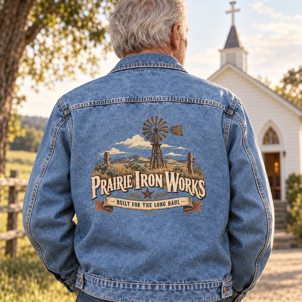 Senior man wearing blue vintage denim jacket with printed windmill design, back view near church