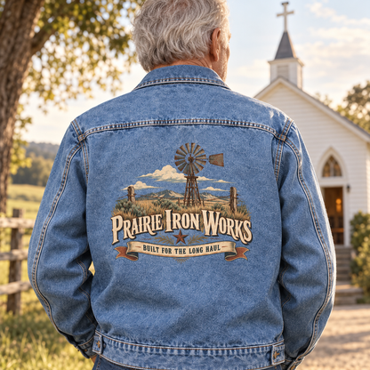 Senior man wearing blue vintage denim jacket with printed windmill design, back view near church