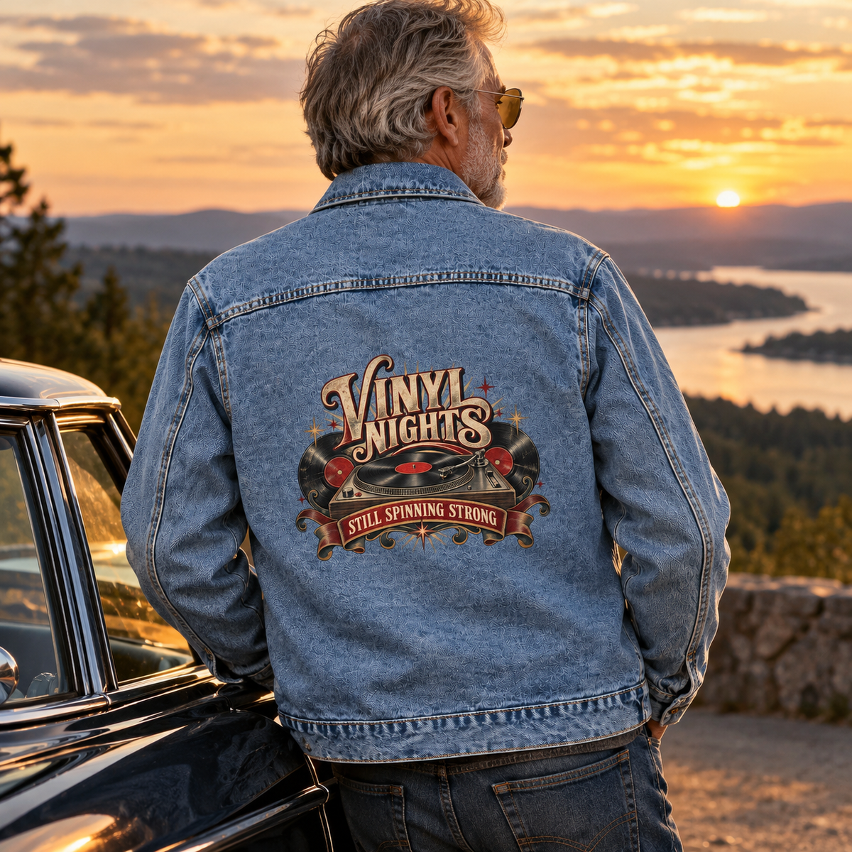 Senior man in blue vintage denim jacket with printed turntable design, sunset back view