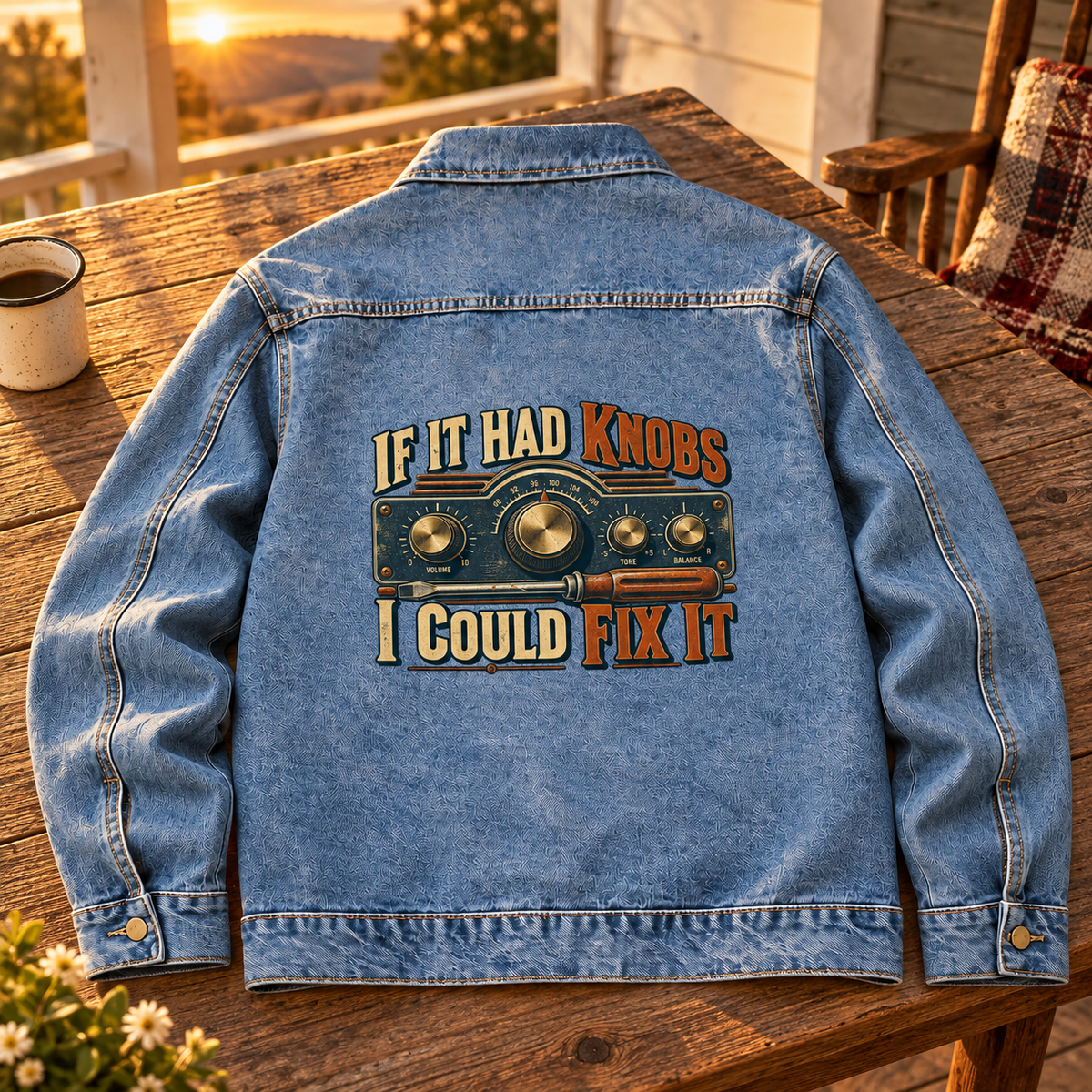 Blue vintage denim jacket, back view, printed If It Had Knobs, I Could Fix It