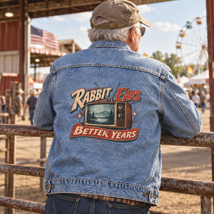 Senior man in blue vintage denim jacket with printed Rabbit Ears. Better Years television design
