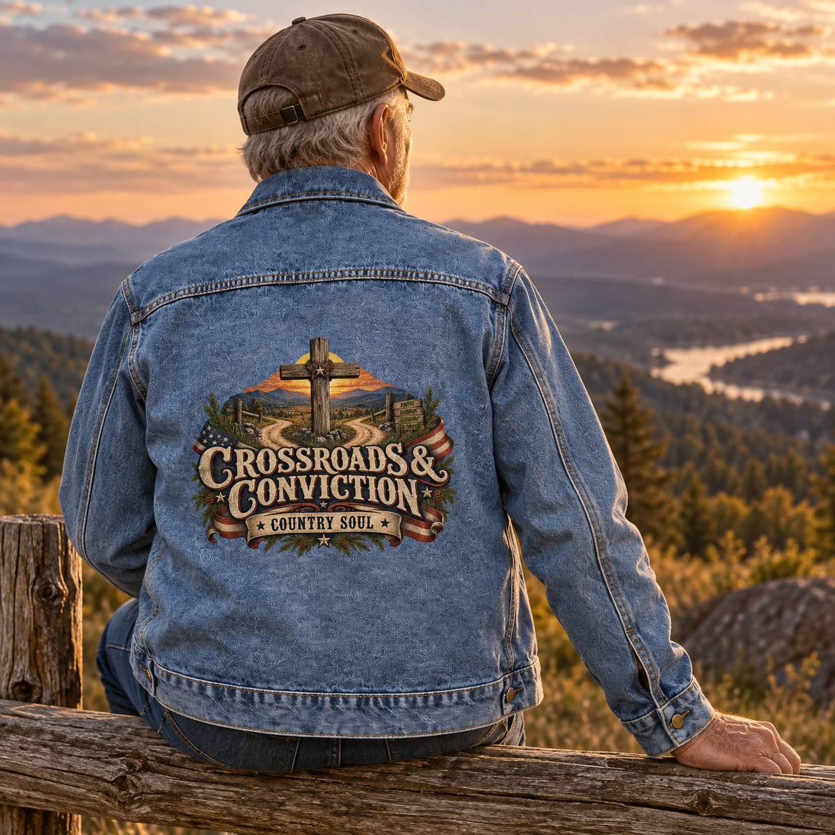 Senior man wearing blue vintage denim jacket with printed Crossroads & Conviction Country Soul design.