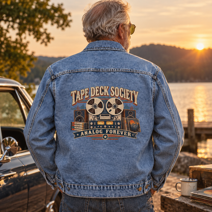Senior man in blue vintage denim jacket with printed Tape Deck Society, Analog Forever design