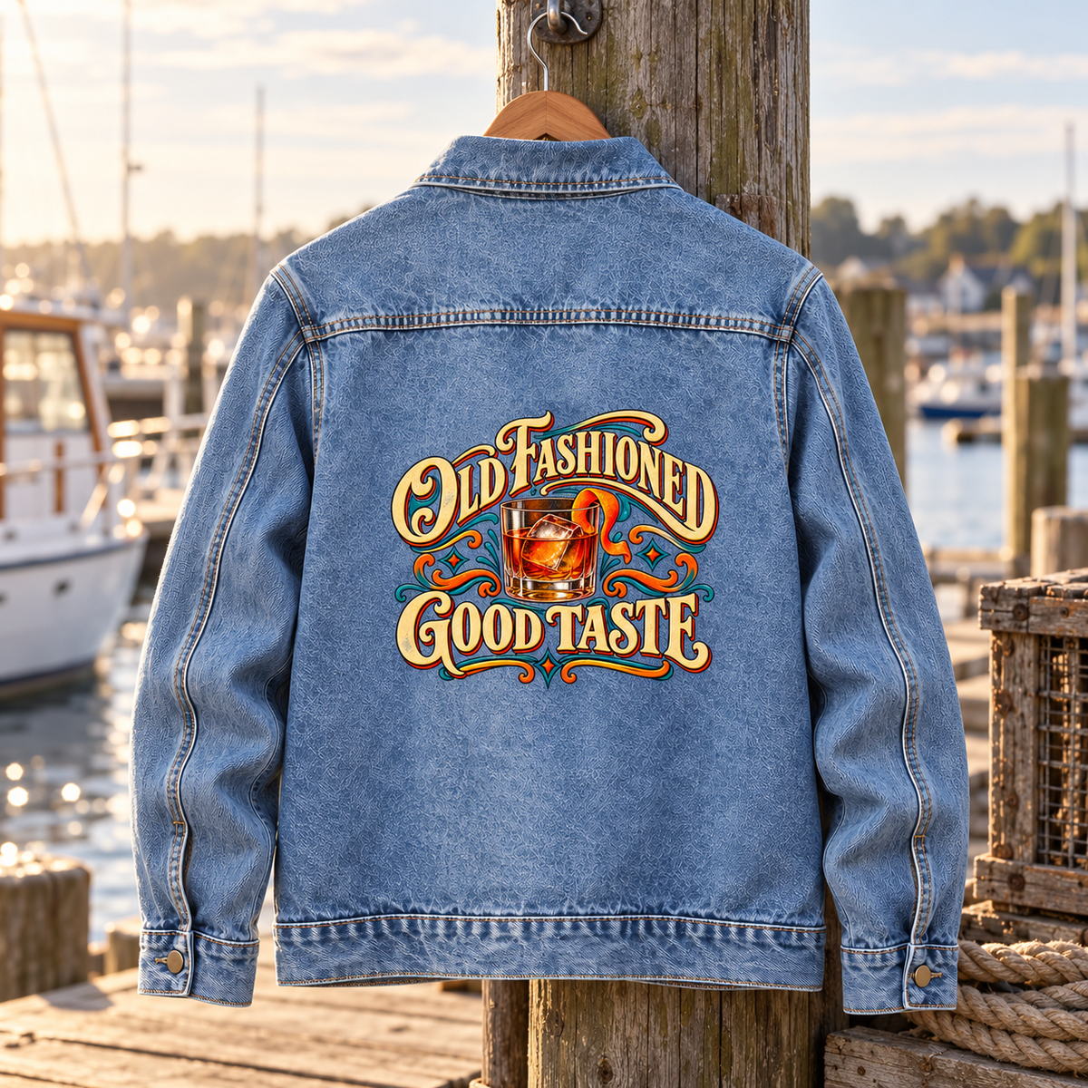 Back view of blue vintage denim jacket with printed Old Fashioned Good Taste design