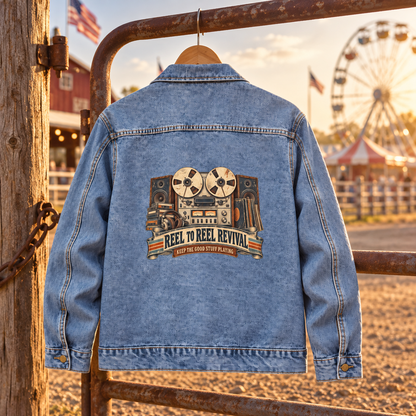 Blue vintage denim jacket, back view, with printed reel-to-reel recorder design at fairground