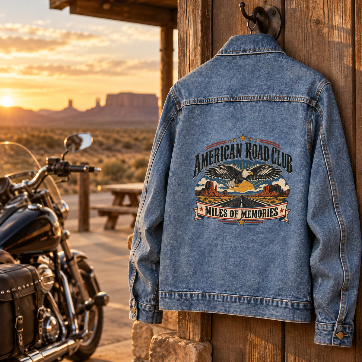 Blue vintage denim jacket, back view, printed American Road Club Miles of Memories design.