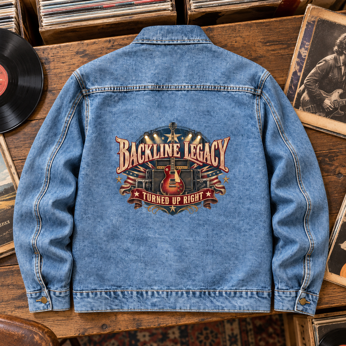 Blue vintage denim jacket back with printed guitar and Backline Legacy Turned Up Right