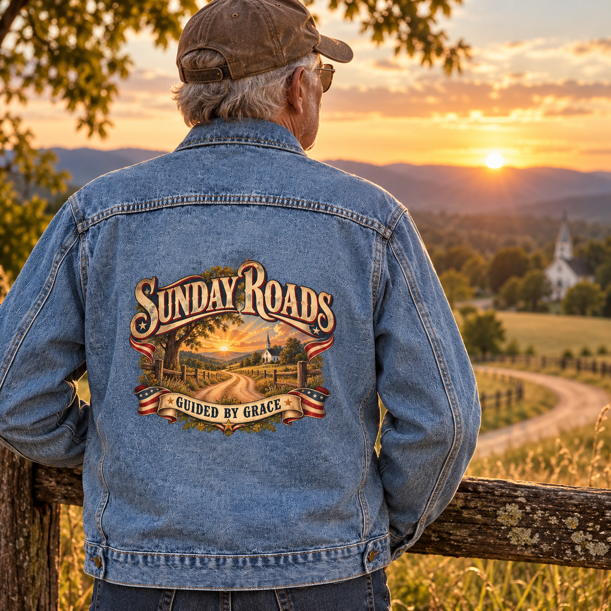Senior man in blue vintage denim jacket, Sunday Roads Guided By Grace printed on back